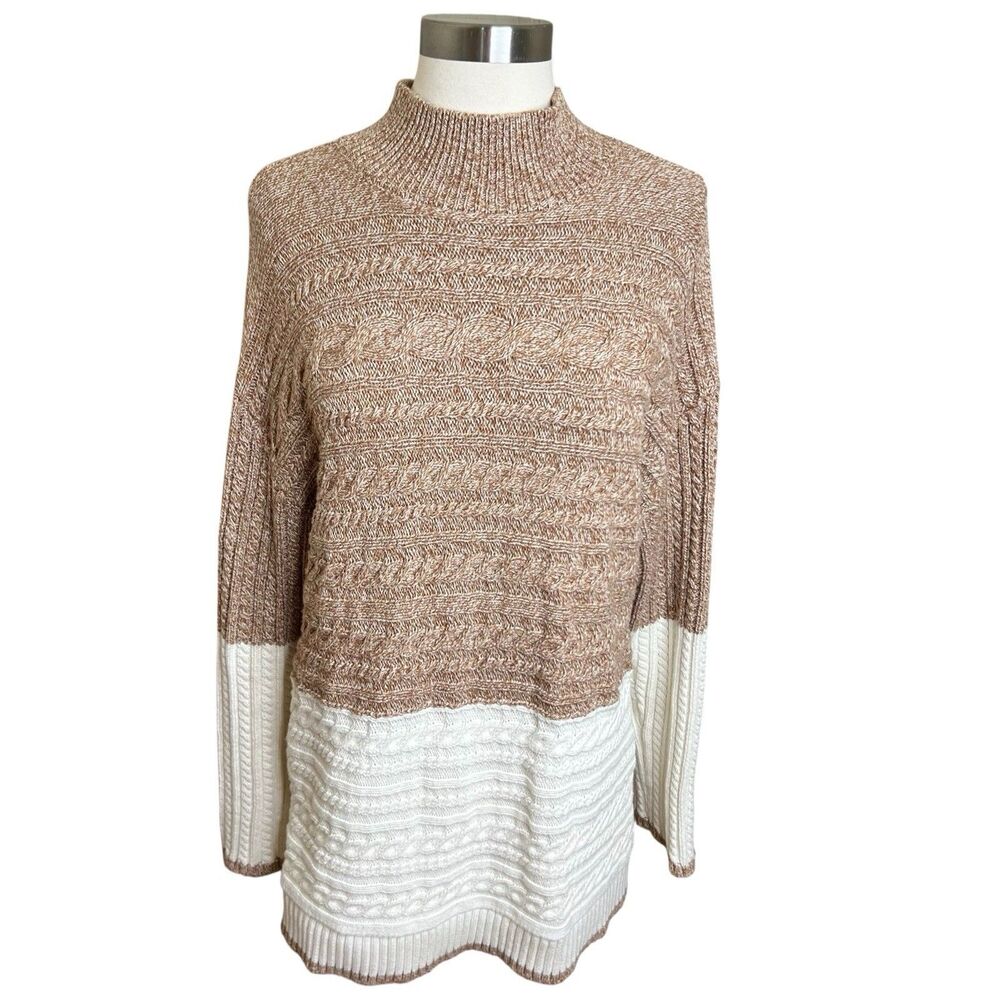 Talbots Cable Knit Sweater Womens Large Brown Cream Mock Neck ColorBlock